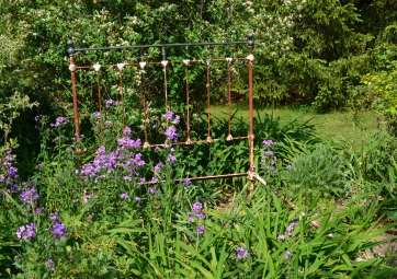 An antique metal bed frame is used as found art and plant support in a flower bed.
